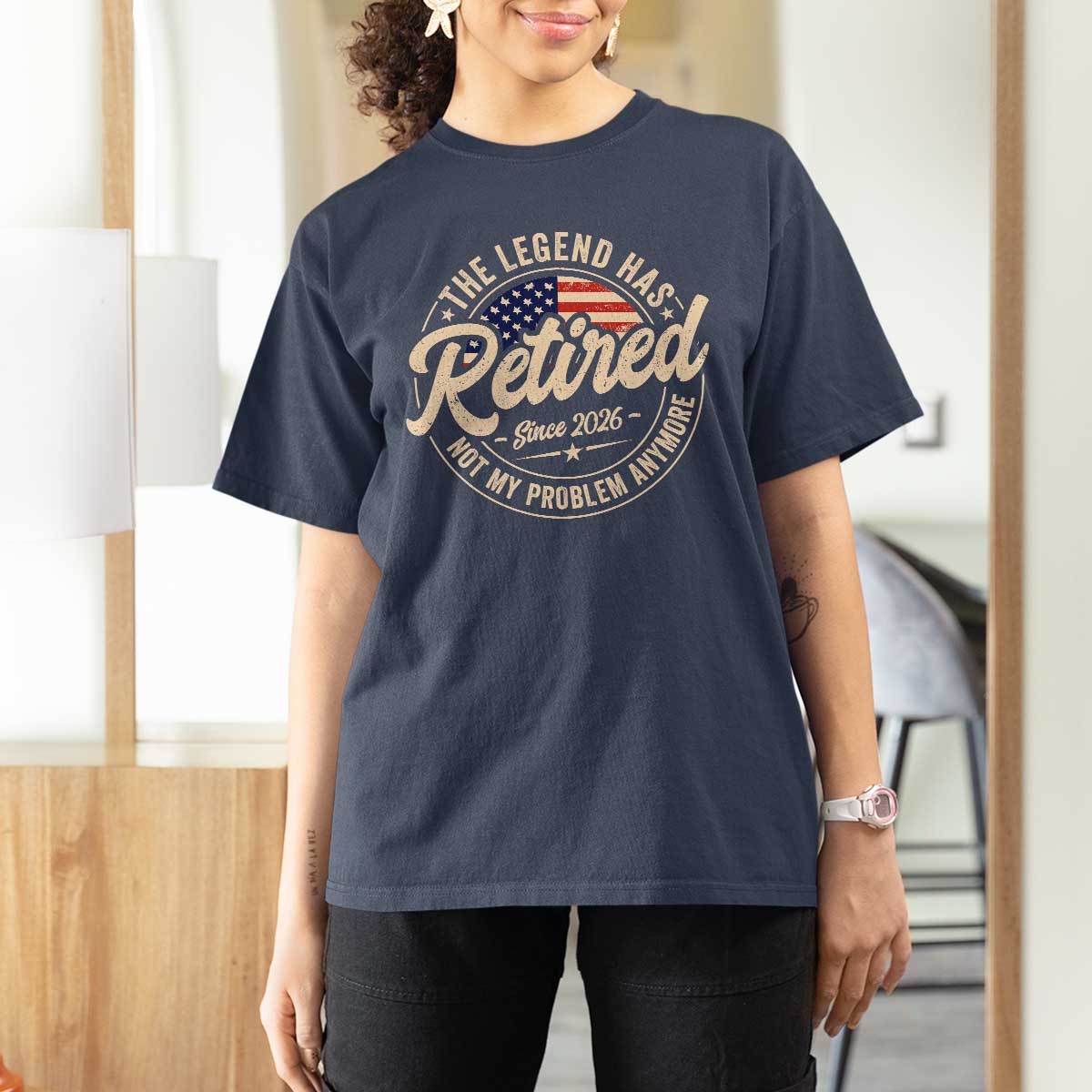 Retired 2026 T Shirt For Women Funny Retirement US Flag Retired Not My Problems Anymore