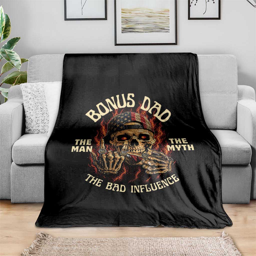 Bonus Dad Throw Blanket The Man Myth Bad Influence Step Dad Vintage Skull USA Flag