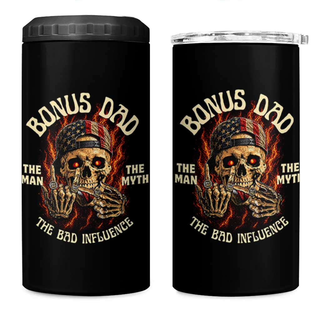 Bonus Dad 4 in 1 Can Cooler Tumbler The Man Myth Bad Influence Step Dad Vintage Skull USA Flag