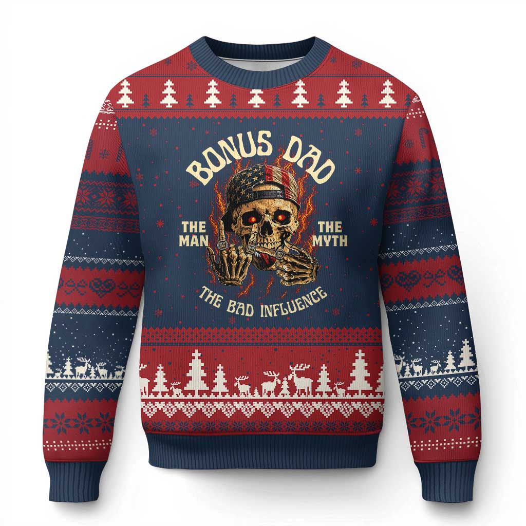 Bonus Dad Ugly Christmas Sweater The Man Myth Bad Influence Step Dad Vintage Skull USA Flag