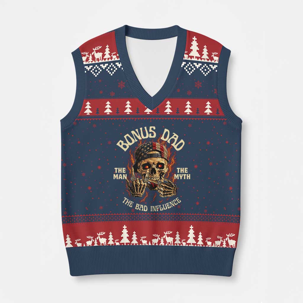Bonus Dad V-Neck Knit Sweater Vest The Man Myth Bad Influence Step Dad Vintage Skull USA Flag