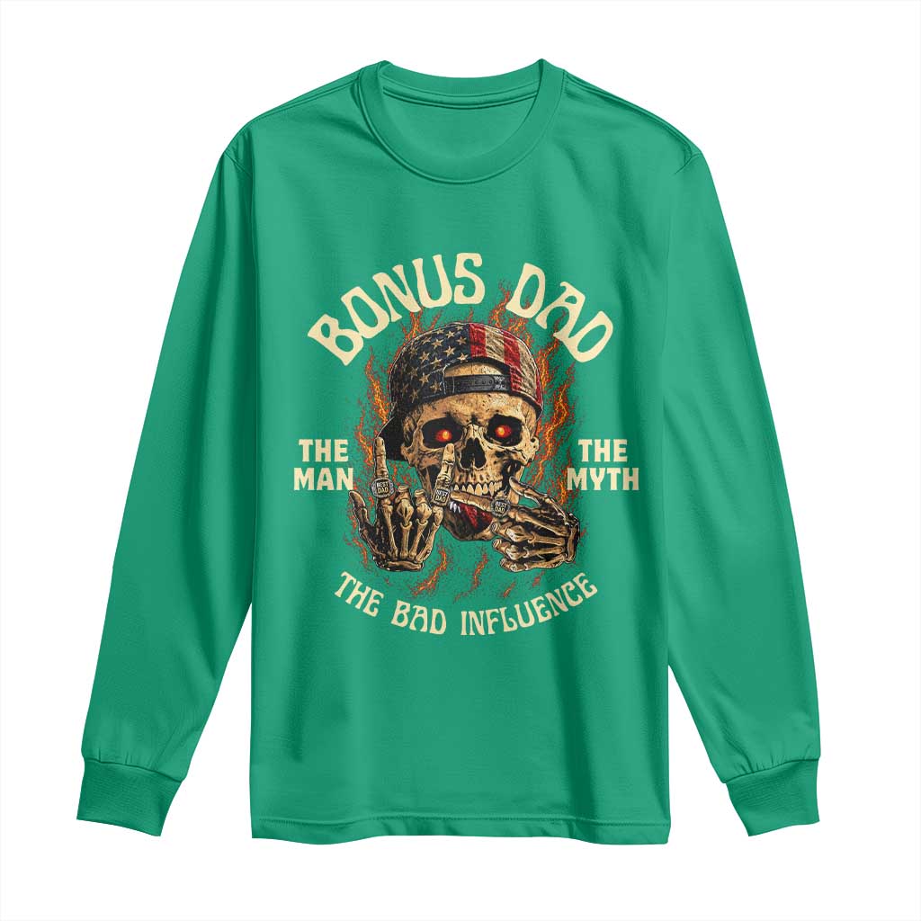 Bonus Dad Long Sleeve Shirt The Man Myth Bad Influence Step Dad Vintage Skull USA Flag