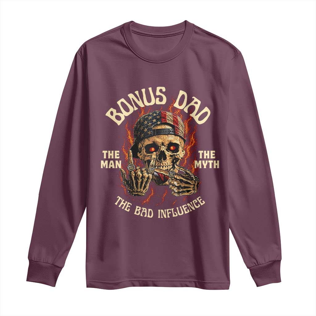 Bonus Dad Long Sleeve Shirt The Man Myth Bad Influence Step Dad Vintage Skull USA Flag