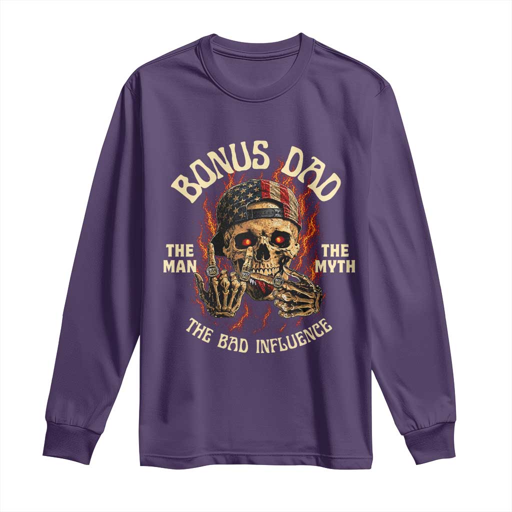 Bonus Dad Long Sleeve Shirt The Man Myth Bad Influence Step Dad Vintage Skull USA Flag