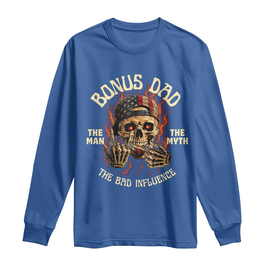 Bonus Dad Long Sleeve Shirt The Man Myth Bad Influence Step Dad Vintage Skull USA Flag