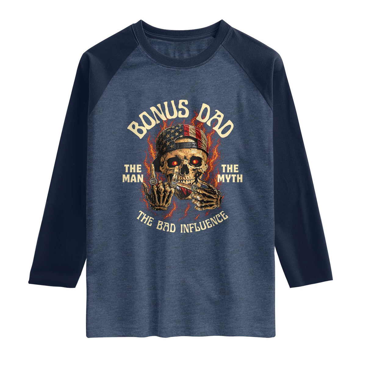Bonus Dad Raglan Shirt The Man Myth Bad Influence Step Dad Vintage Skull USA Flag