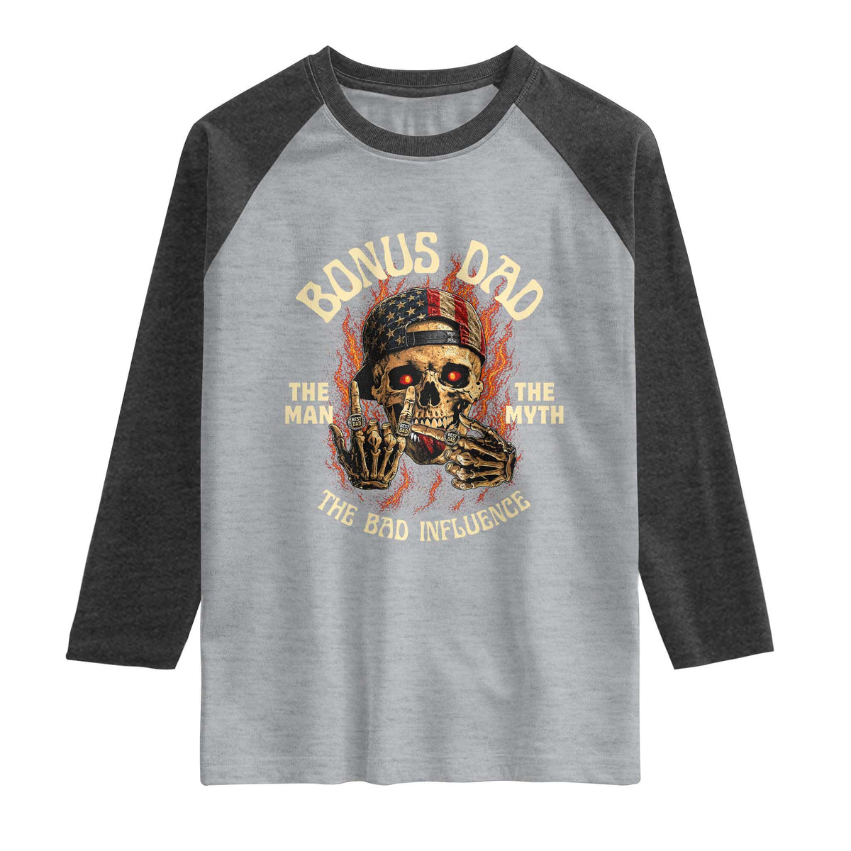 Bonus Dad Raglan Shirt The Man Myth Bad Influence Step Dad Vintage Skull USA Flag
