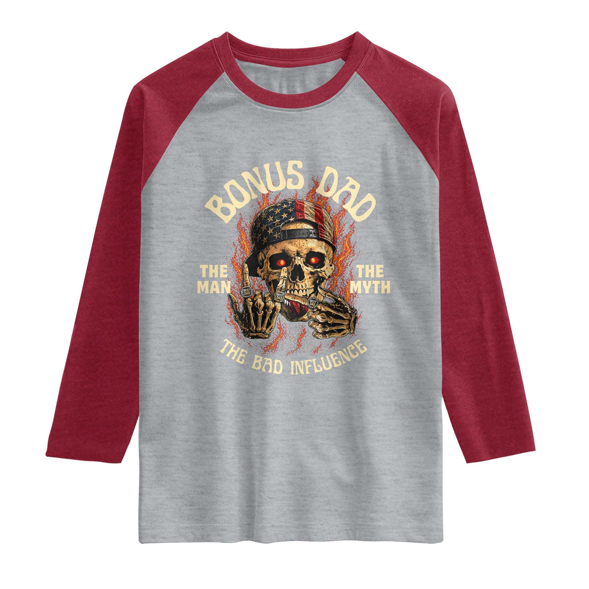 Bonus Dad Raglan Shirt The Man Myth Bad Influence Step Dad Vintage Skull USA Flag