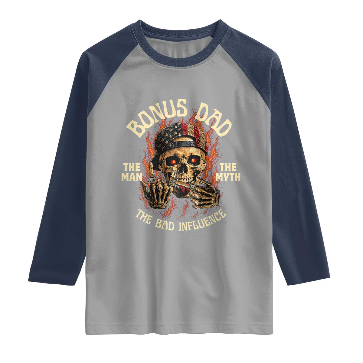 Bonus Dad Raglan Shirt The Man Myth Bad Influence Step Dad Vintage Skull USA Flag