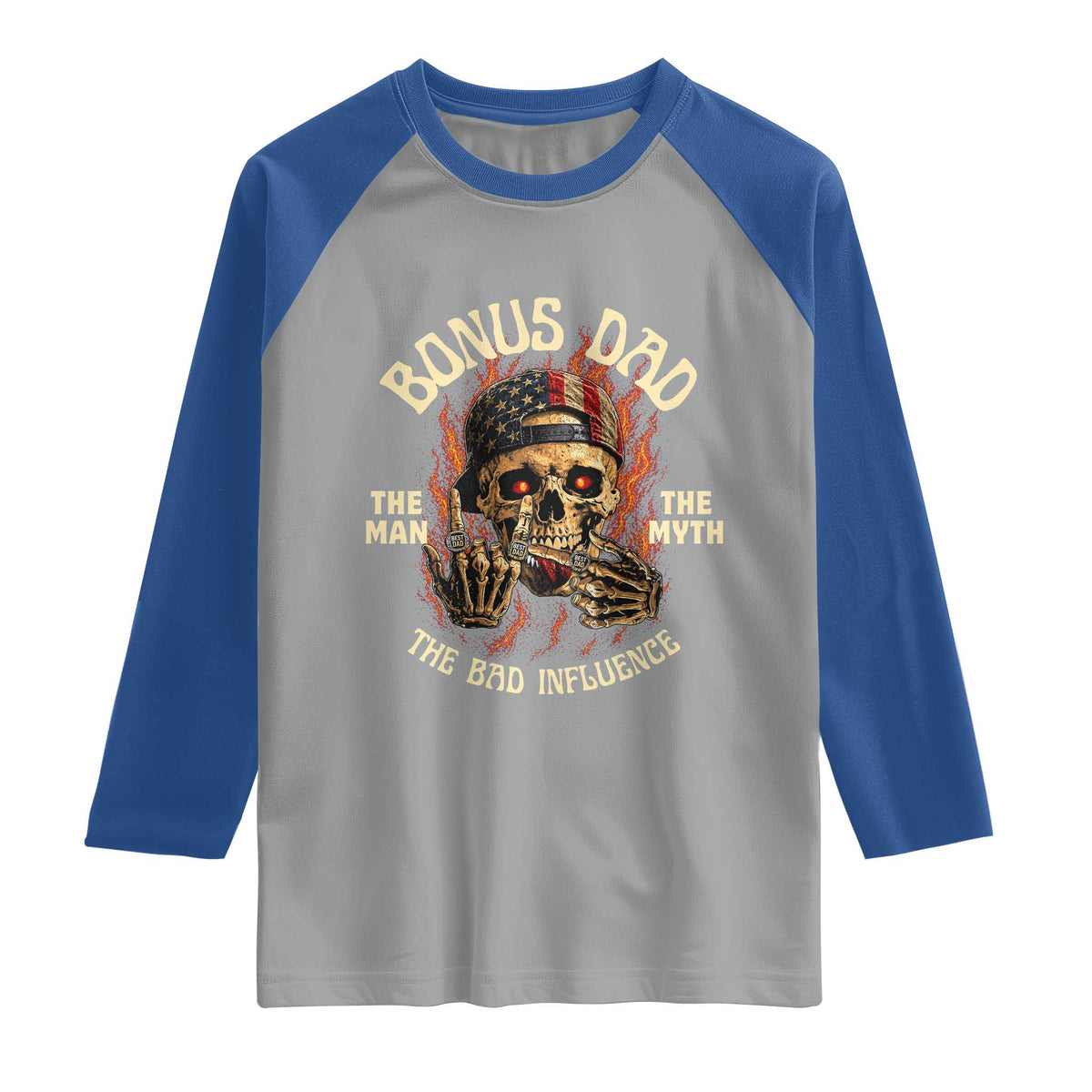 Bonus Dad Raglan Shirt The Man Myth Bad Influence Step Dad Vintage Skull USA Flag