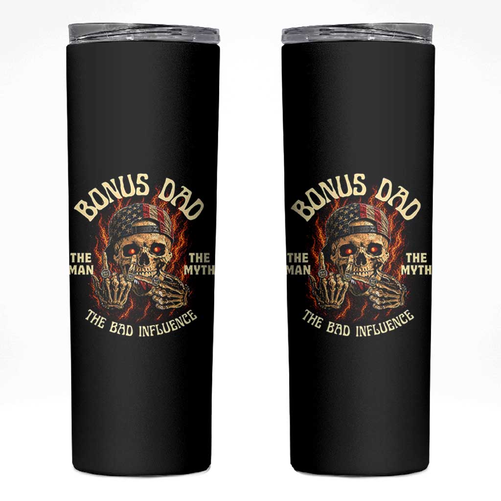 Bonus Dad Skinny Tumbler The Man Myth Bad Influence Step Dad Vintage Skull USA Flag