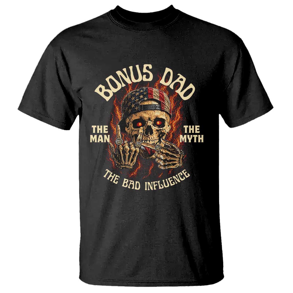 Bonus Dad T Shirt The Man Myth Bad Influence Step Dad Vintage Skull USA Flag