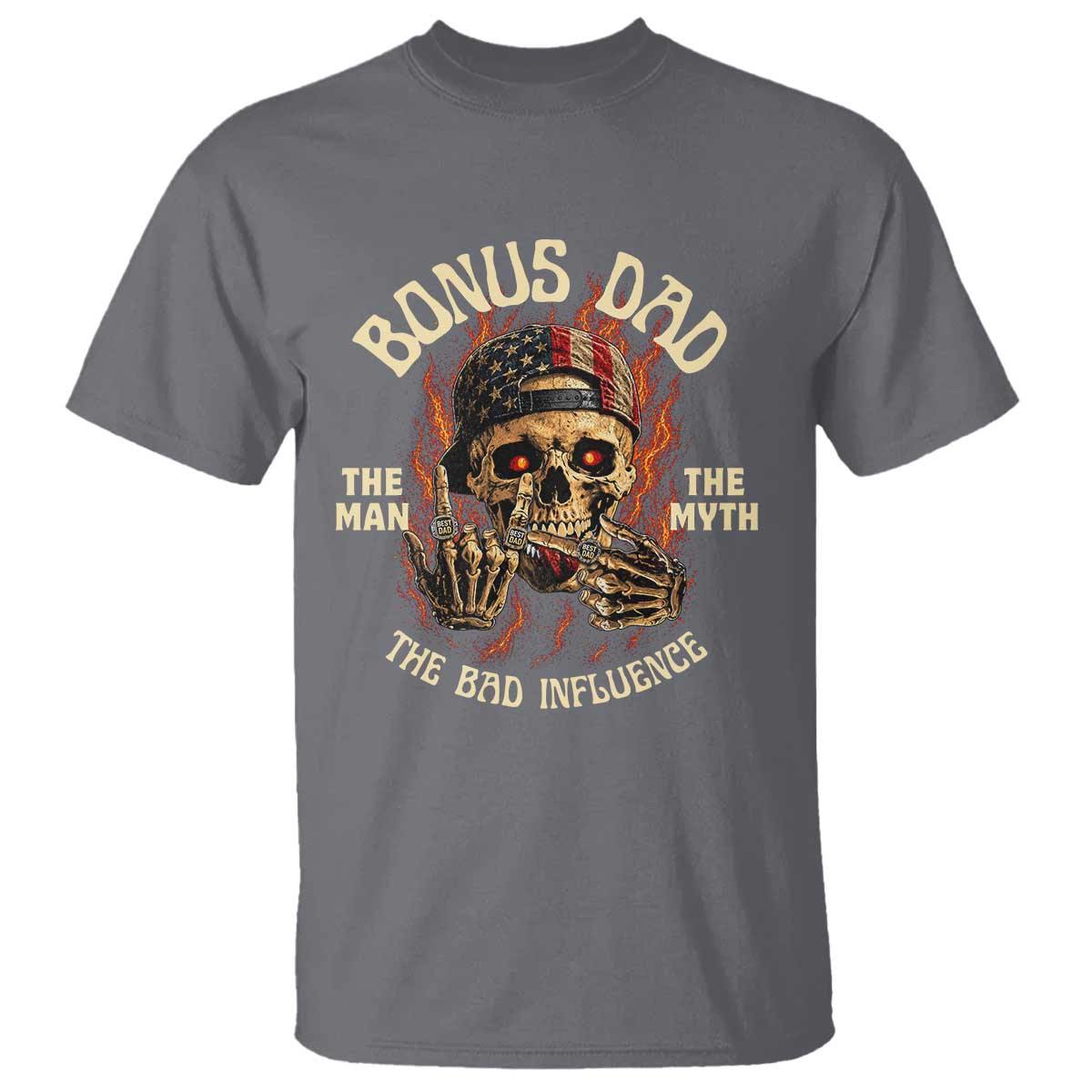 Bonus Dad T Shirt The Man Myth Bad Influence Step Dad Vintage Skull USA Flag