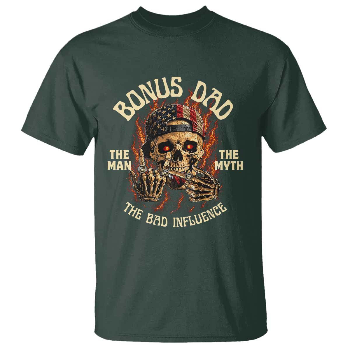 Bonus Dad T Shirt The Man Myth Bad Influence Step Dad Vintage Skull USA Flag