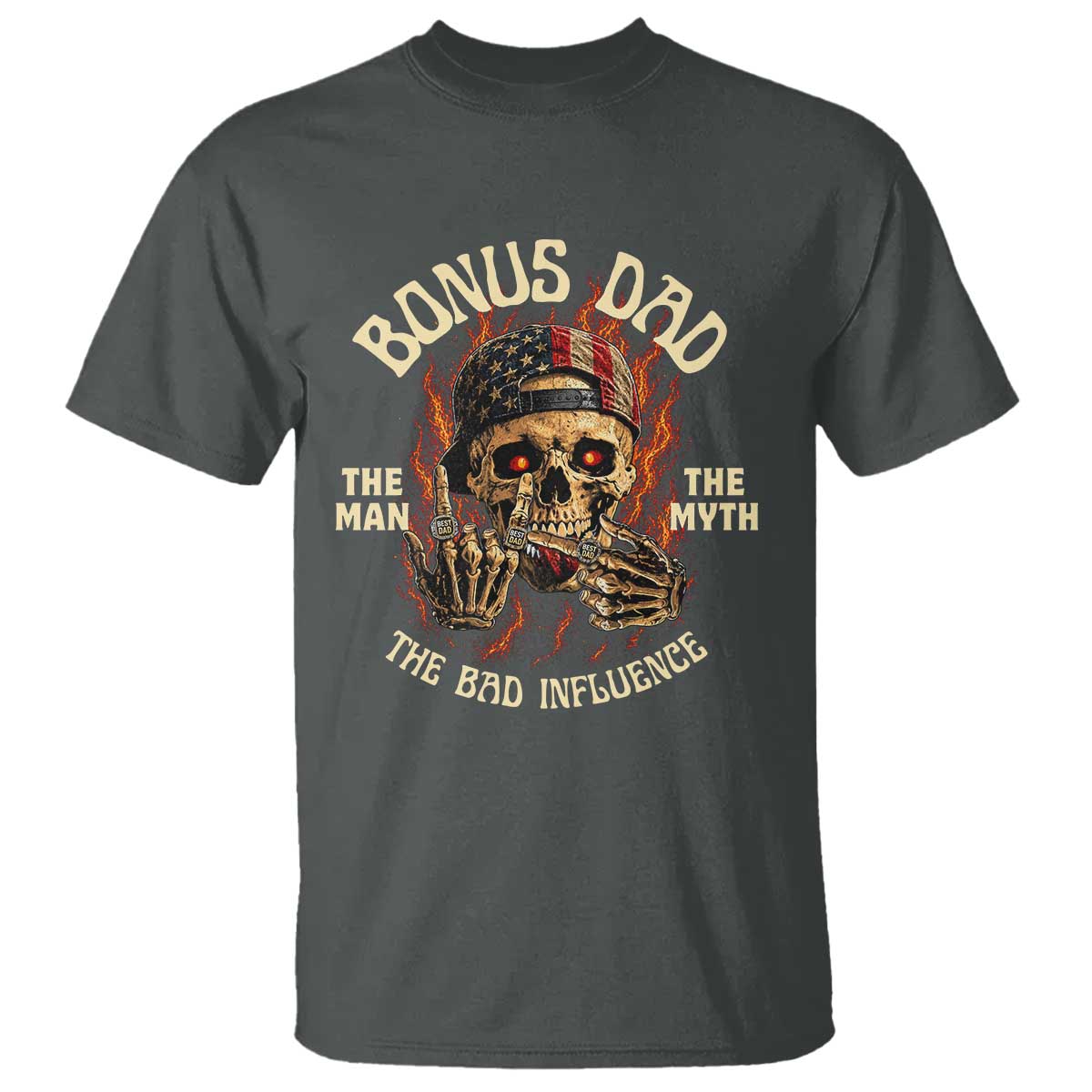 Bonus Dad T Shirt The Man Myth Bad Influence Step Dad Vintage Skull USA Flag