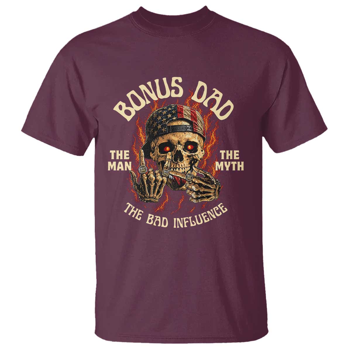 Bonus Dad T Shirt The Man Myth Bad Influence Step Dad Vintage Skull USA Flag