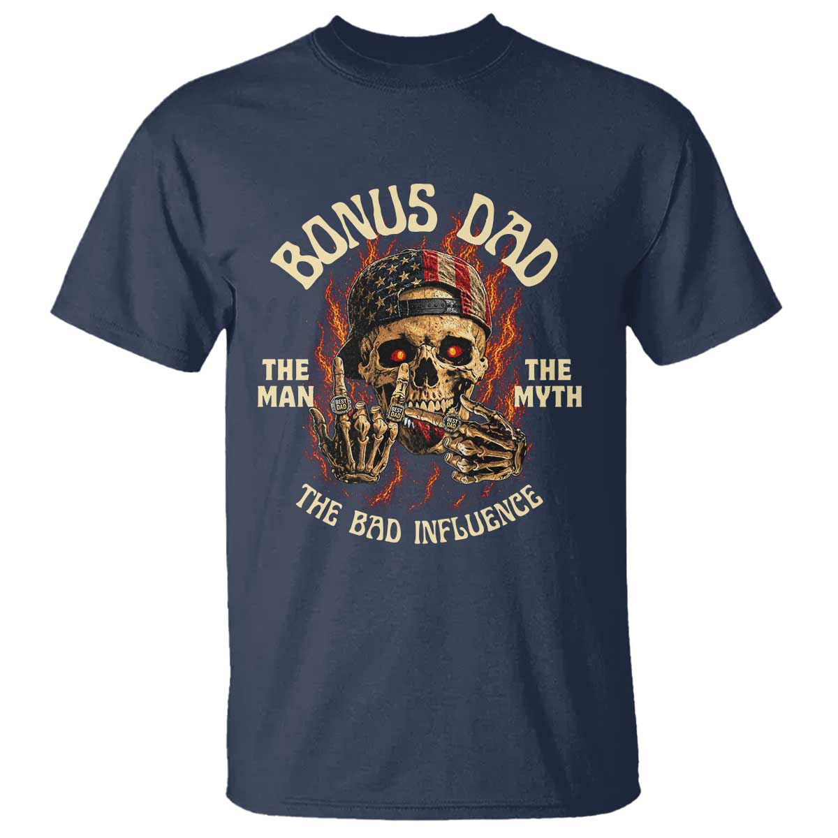 Bonus Dad T Shirt The Man Myth Bad Influence Step Dad Vintage Skull USA Flag