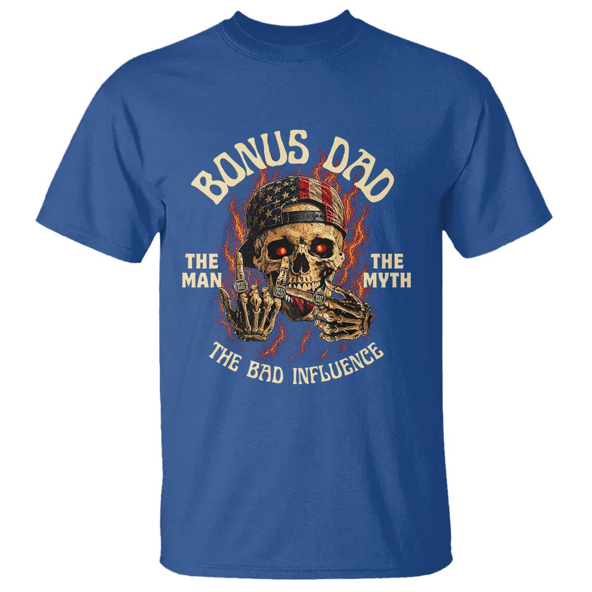 Bonus Dad T Shirt The Man Myth Bad Influence Step Dad Vintage Skull USA Flag