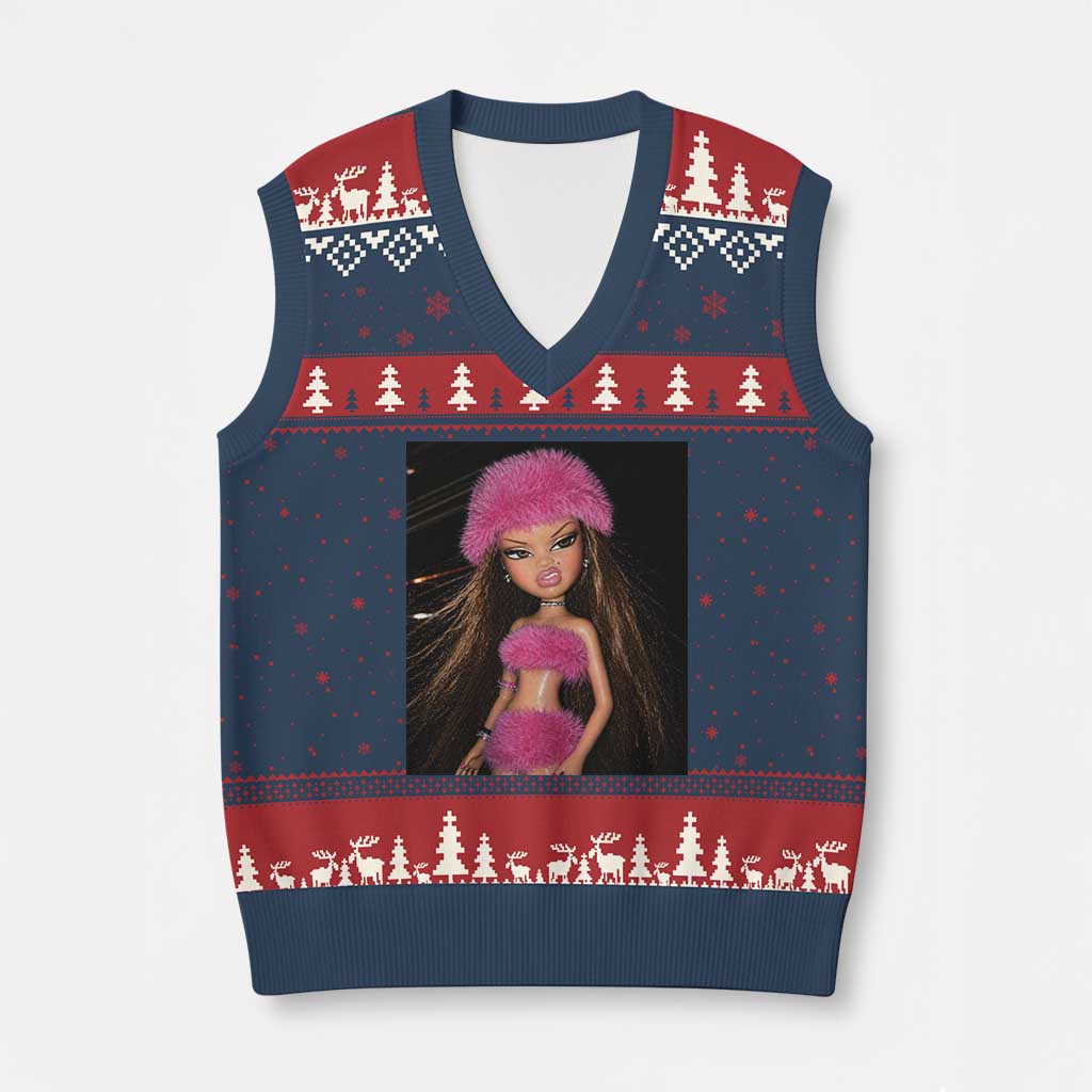 Funny Disgusting Doll Face Meme V-Neck Knit Sweater Vest Expression Hilarious Sarcastic