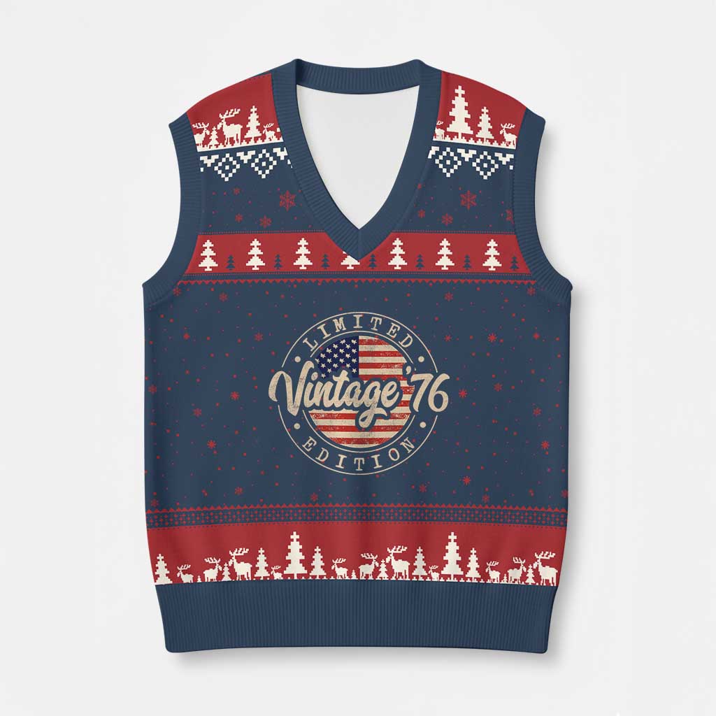 Vintage 1976 Stamp V-Neck Knit Sweater Vest Funny 50th Birthday USA Flag 50 Year Old Bday