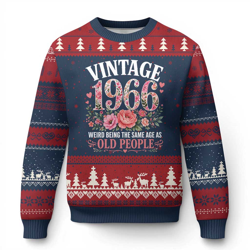 60th Birthday Gifts For Her Ugly Christmas Sweater Floral 1966 Weird Being The Same Age As Old People