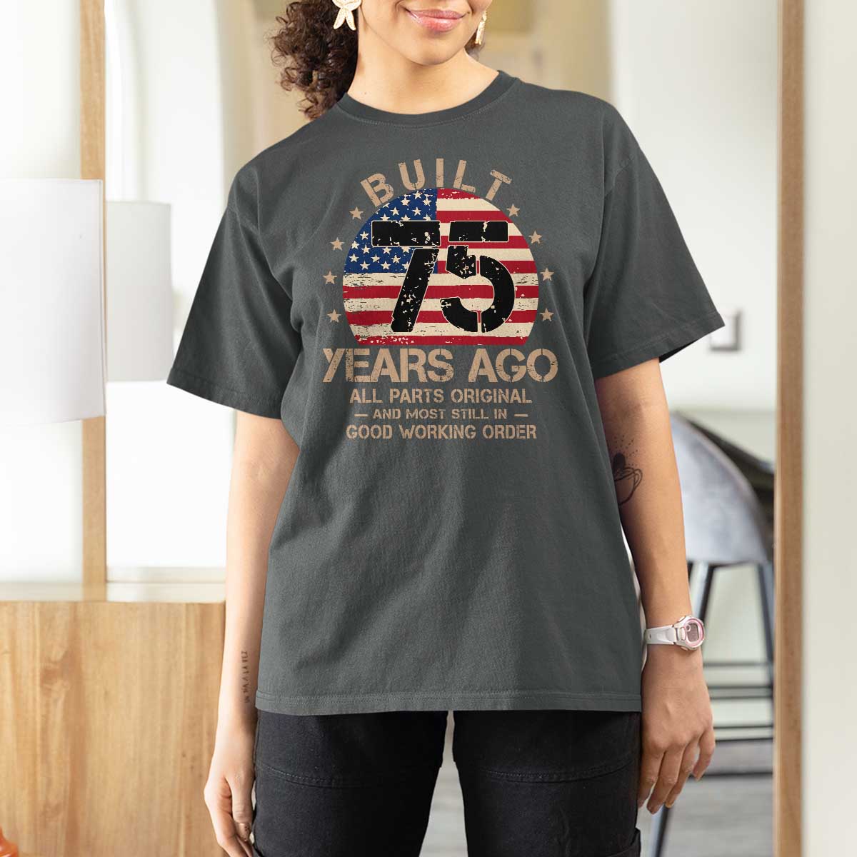 Funny 75th Birthday T Shirt For Women Vintage US Flag Built 75 Years Ago Parts Original
