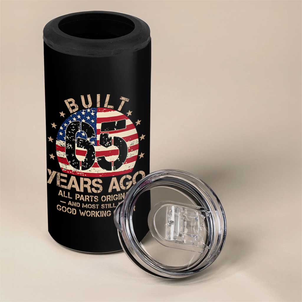 Funny 65th Birthday 4 in 1 Can Cooler Tumbler Vintage US Flag Built 65 Years Ago Parts Original