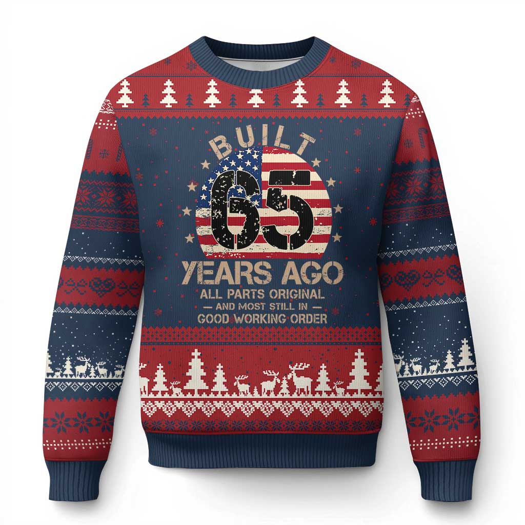Funny 65th Birthday Ugly Christmas Sweater Vintage US Flag Built 65 Years Ago Parts Original