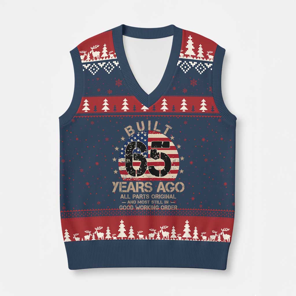 Funny 65th Birthday V-Neck Knit Sweater Vest Vintage US Flag Built 65 Years Ago Parts Original