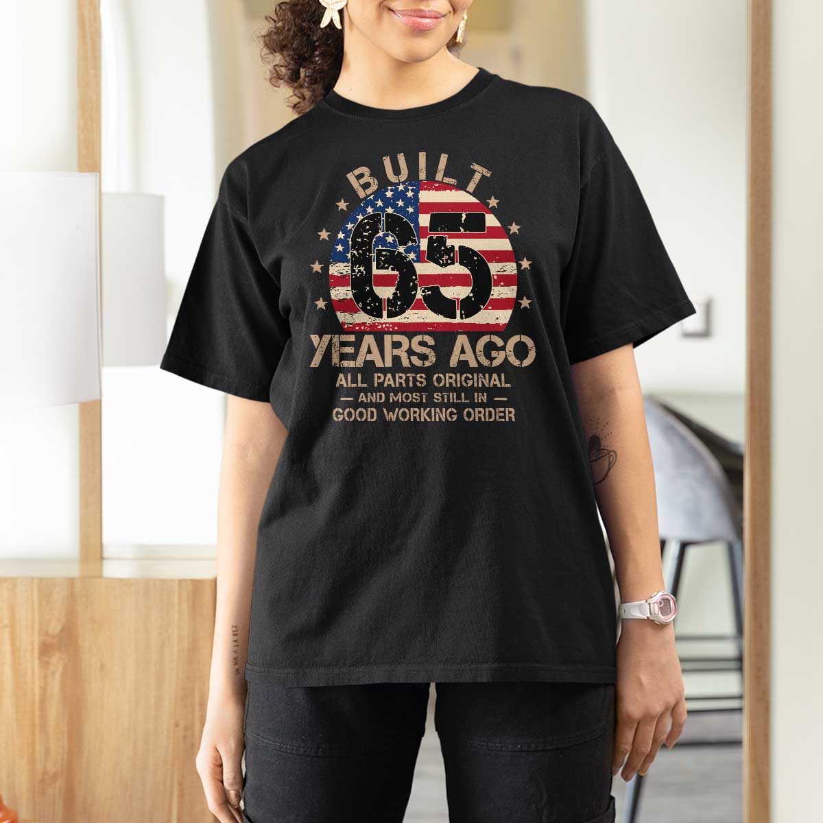 Funny 65th Birthday T Shirt For Women Vintage US Flag Built 65 Years Ago Parts Original