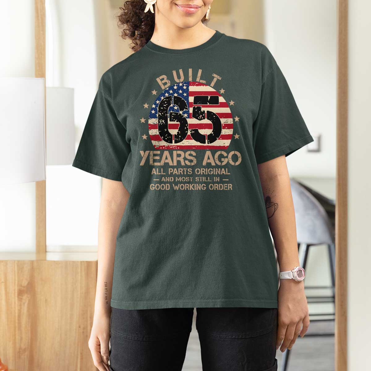 Funny 65th Birthday T Shirt For Women Vintage US Flag Built 65 Years Ago Parts Original