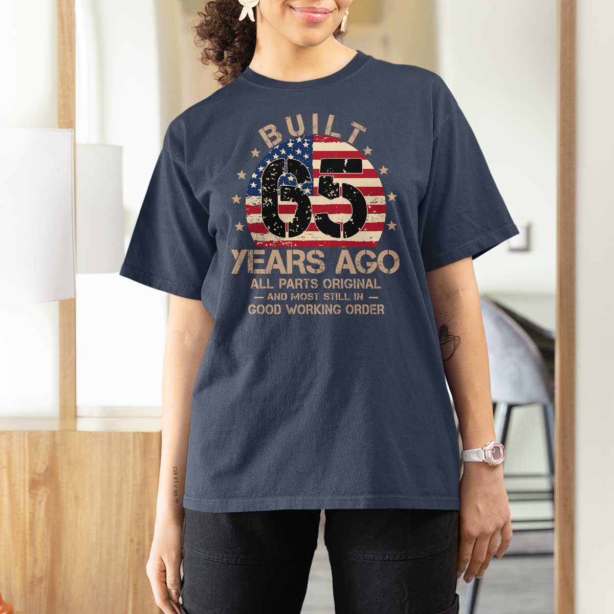 Funny 65th Birthday T Shirt For Women Vintage US Flag Built 65 Years Ago Parts Original