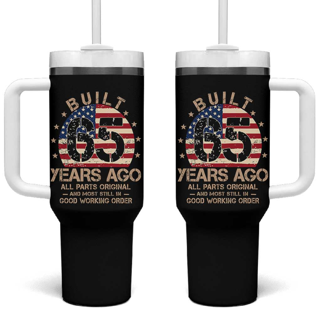 Funny 65th Birthday Tumbler With Handle Vintage US Flag Built 65 Years Ago Parts Original