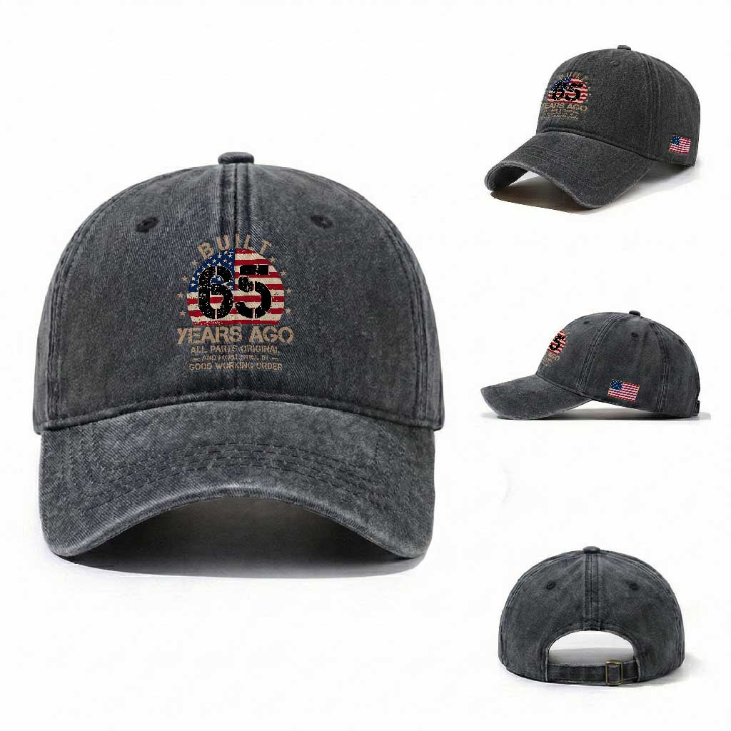 Funny 65th Birthday Washed Cotton Baseball Cap Vintage US Flag Built 65 Years Ago Parts Original