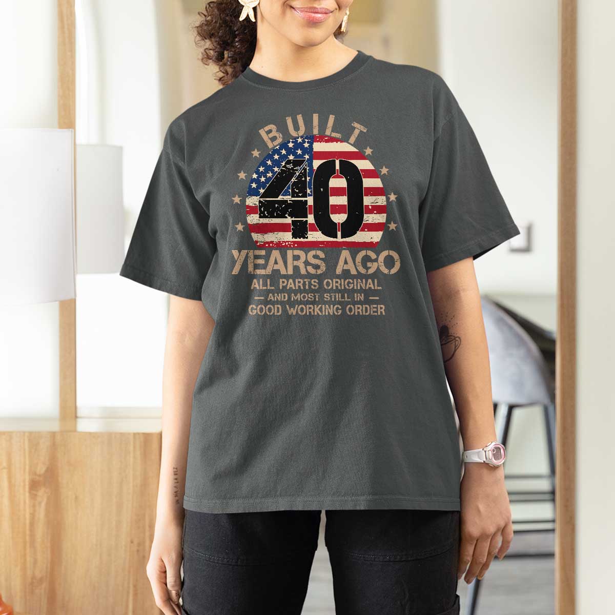 Funny 40th Birthday T Shirt For Women Vintage US Flag Built 40 Years Ago Parts Original