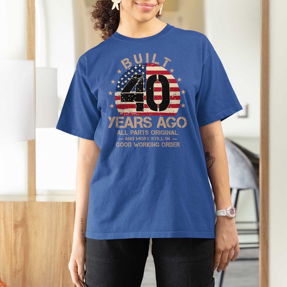 Funny 40th Birthday T Shirt For Women Vintage US Flag Built 40 Years Ago Parts Original