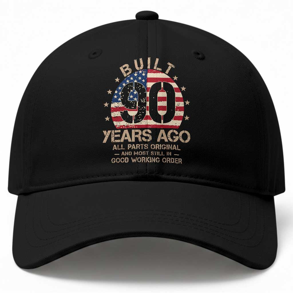 Funny 90th Birthday Baseball Cap Vintage US Flag Built 90 Years Ago Parts Original