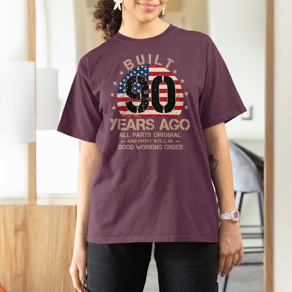 Funny 90th Birthday T Shirt For Women Vintage US Flag Built 90 Years Ago Parts Original