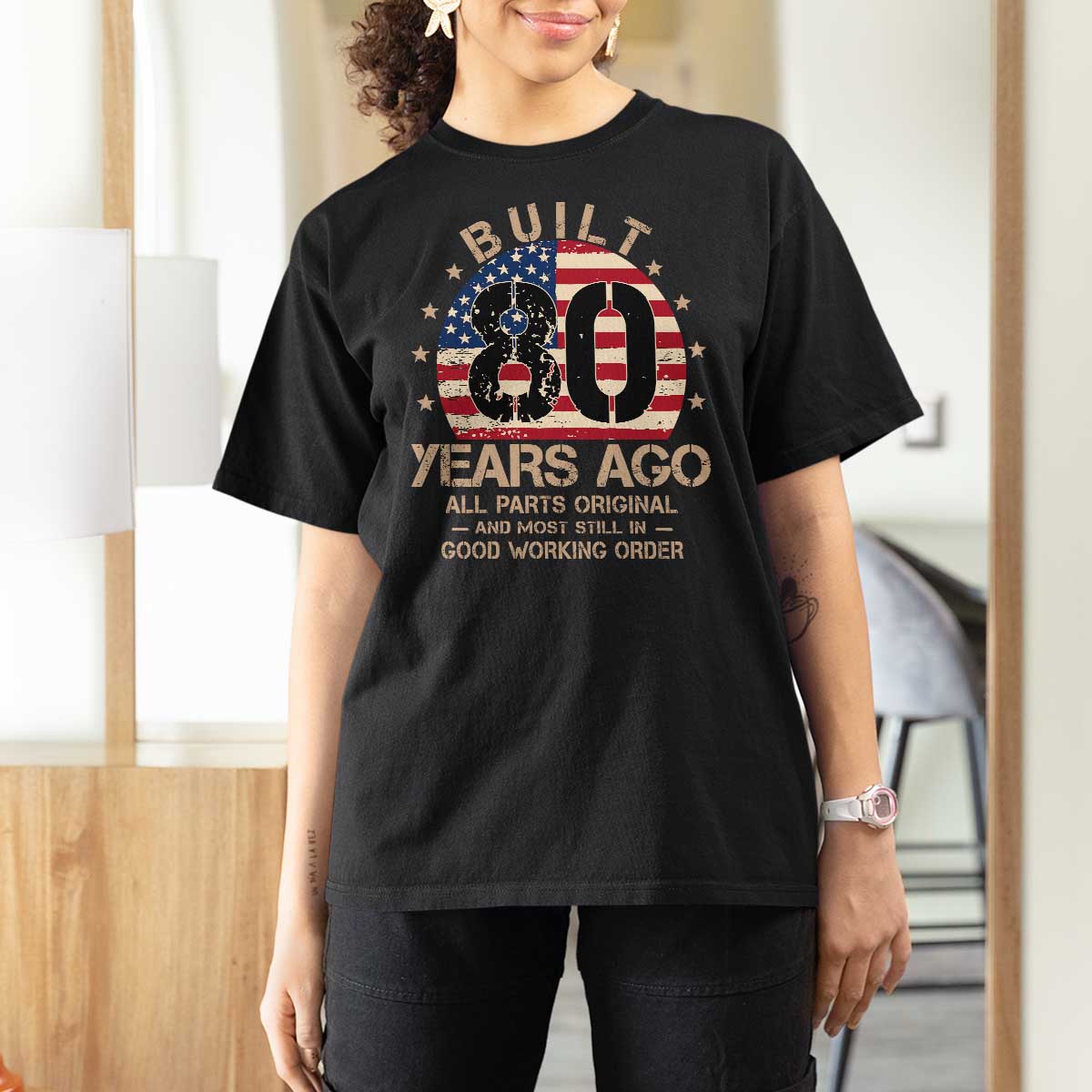 Funny 80th Birthday T Shirt For Women Vintage US Flag Built 80 Years Ago Parts Original