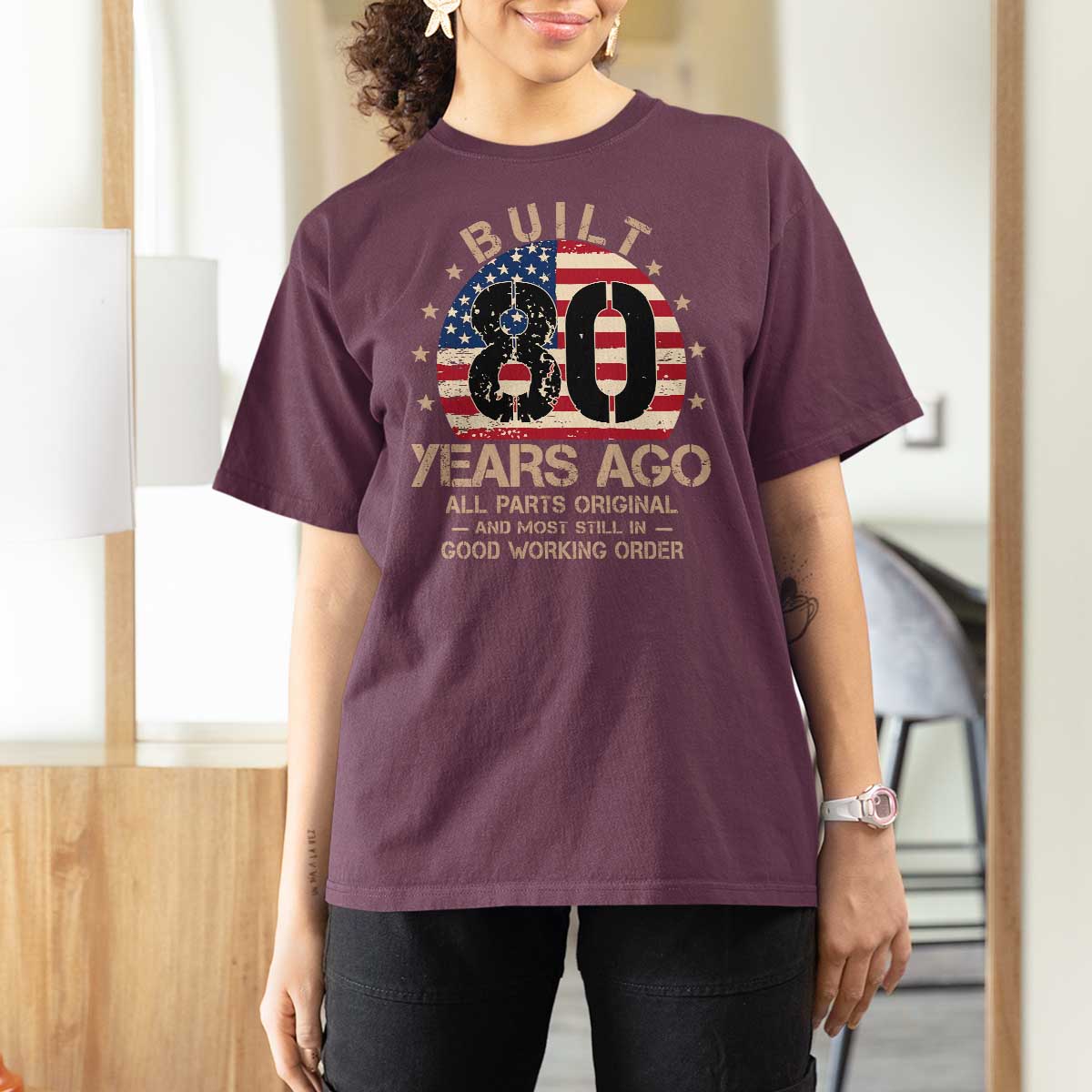 Funny 80th Birthday T Shirt For Women Vintage US Flag Built 80 Years Ago Parts Original