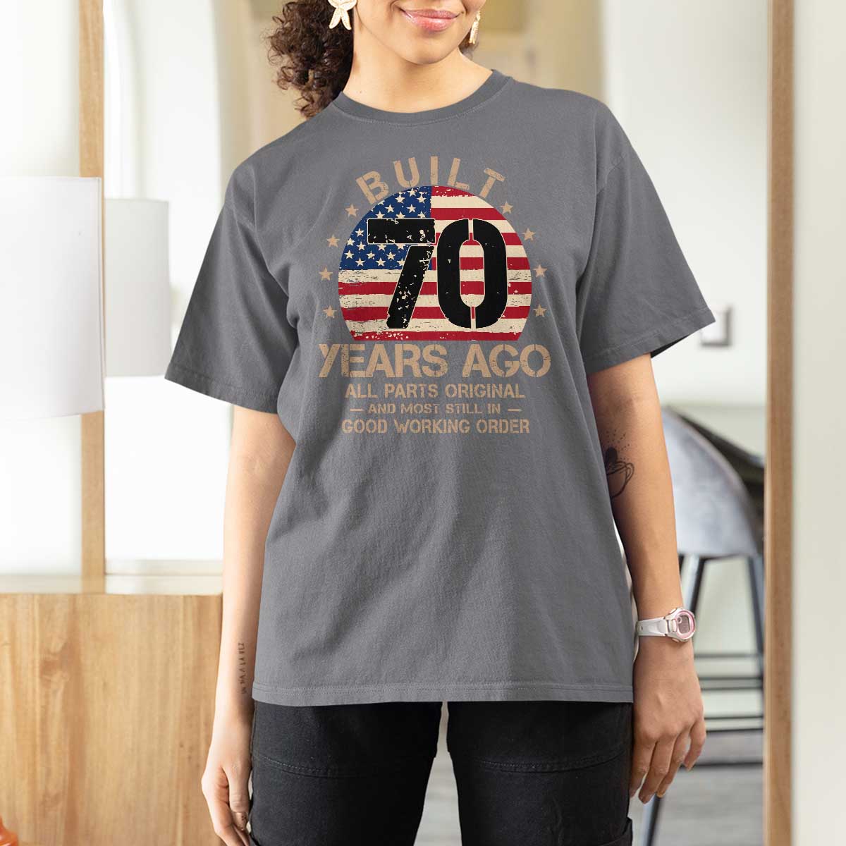 Funny 70th Birthday T Shirt For Women Vintage US Flag Built 70 Years Ago Parts Original