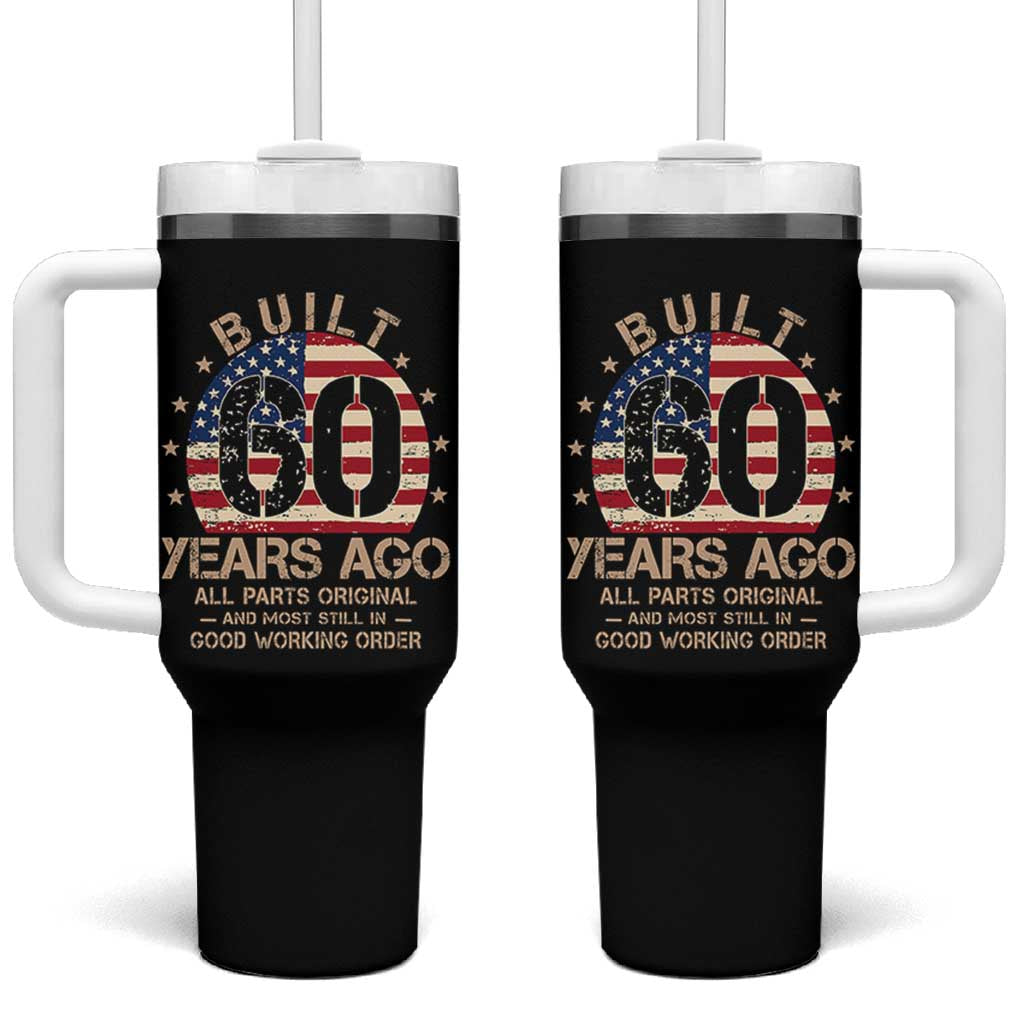 Funny 60th Birthday Tumbler With Handle Vintage US Flag Built 60 Years Ago Parts Original