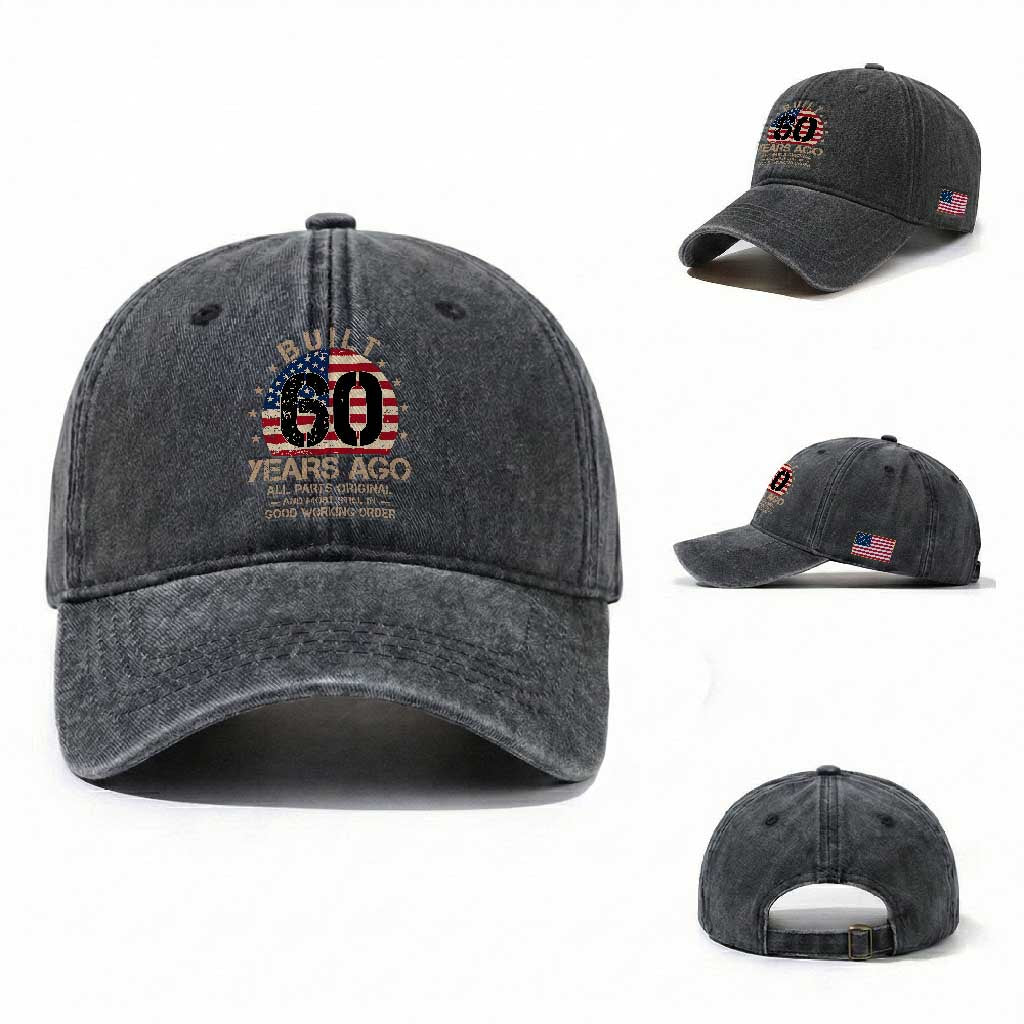 Funny 60th Birthday Washed Cotton Baseball Cap Vintage US Flag Built 60 Years Ago Parts Original