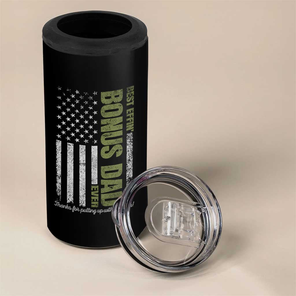 Best Effin Bonus Dad Ever 4 in 1 Can Cooler Tumbler Vintage Step Dad American Flag