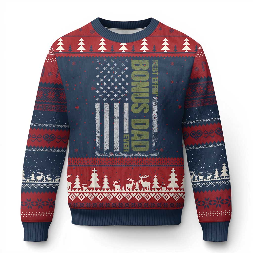 Best Effin Bonus Dad Ever Ugly Christmas Sweater Vintage Step Dad American Flag