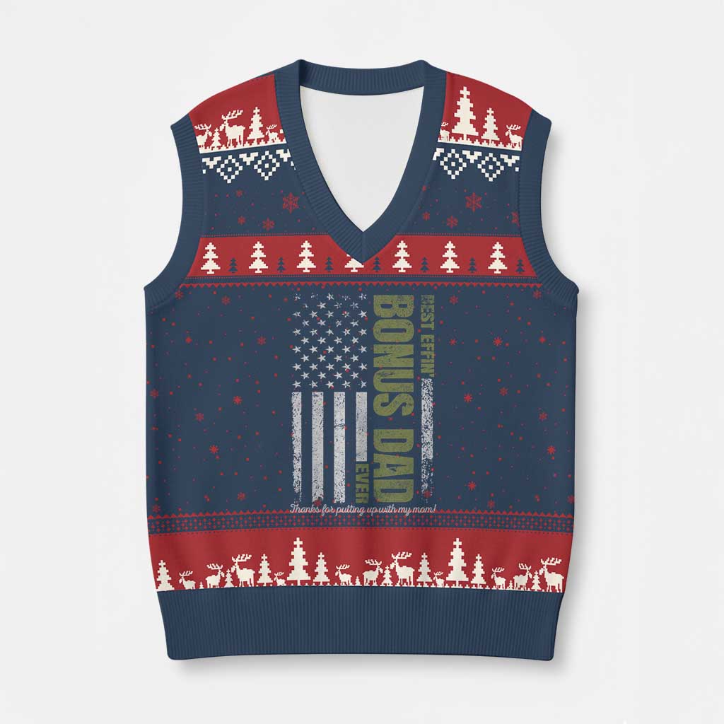 Best Effin Bonus Dad Ever V-Neck Knit Sweater Vest Vintage Step Dad American Flag