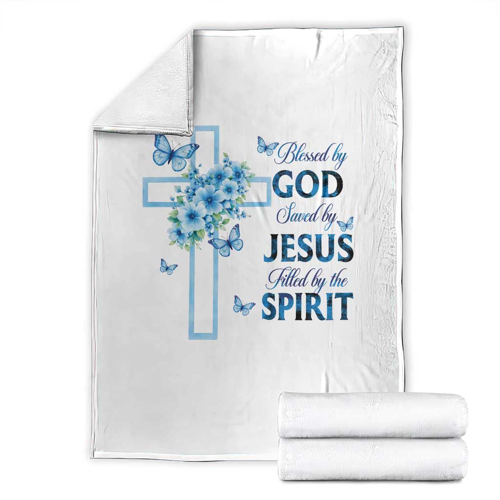 Christian Jesus Throw Blanket Blessed By God Saved By Jesus Blue Floral Cross Butterfly Art