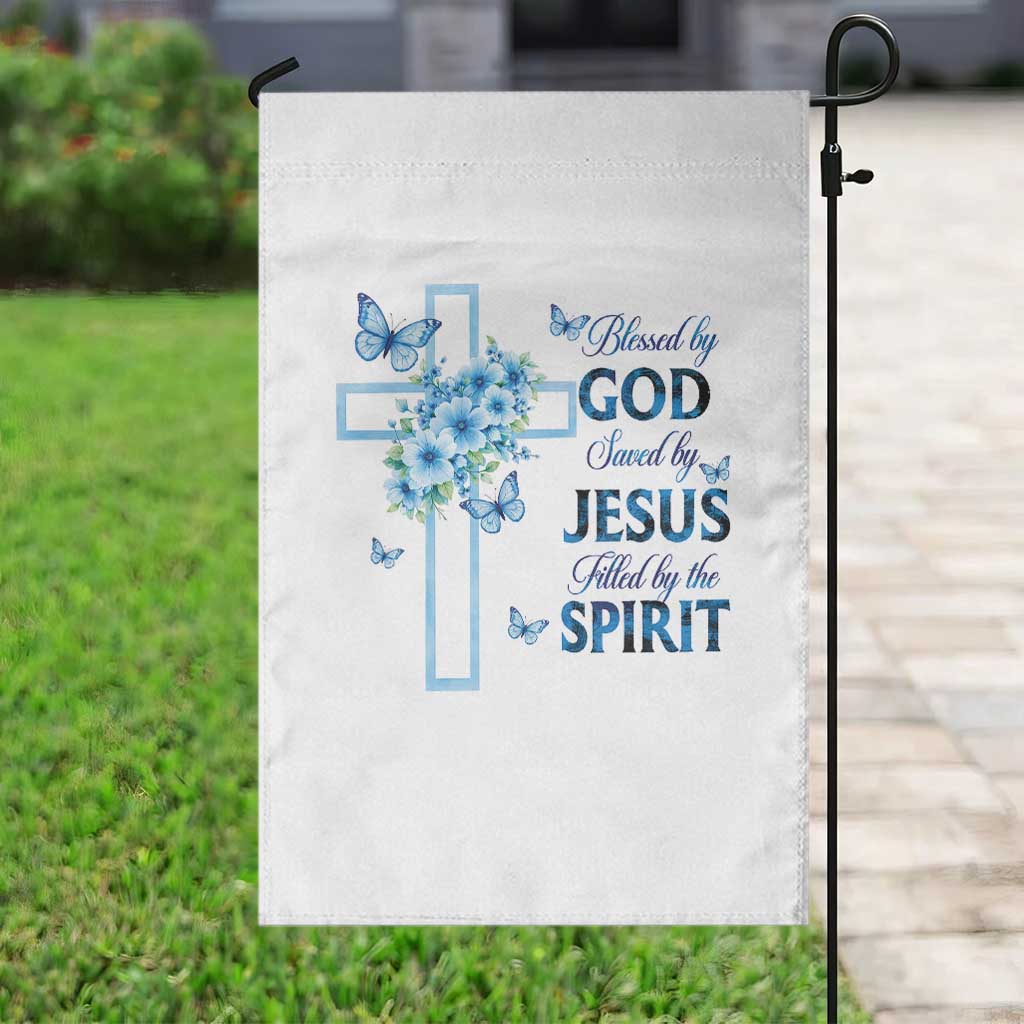 Christian Jesus Garden Flag Blessed By God Saved By Jesus Blue Floral Cross Butterfly Art