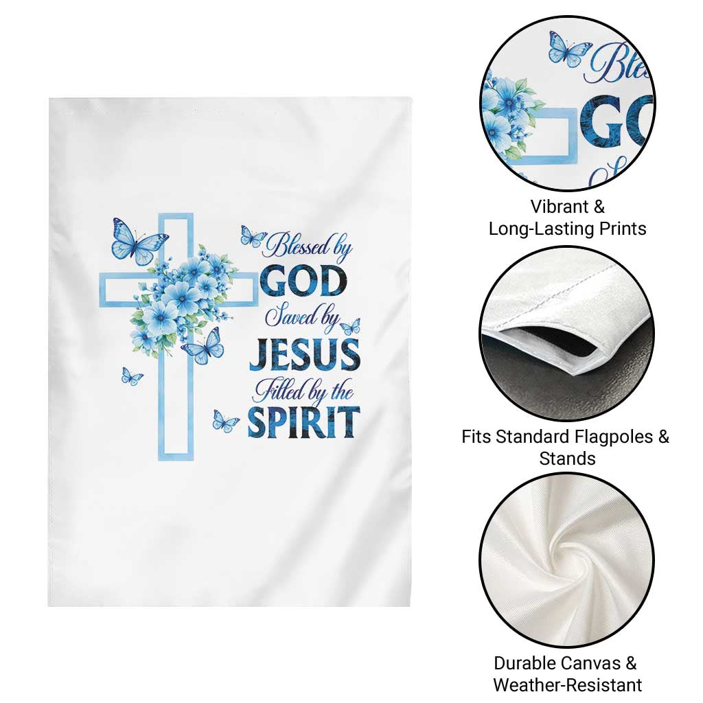 Christian Jesus Garden Flag Blessed By God Saved By Jesus Blue Floral Cross Butterfly Art