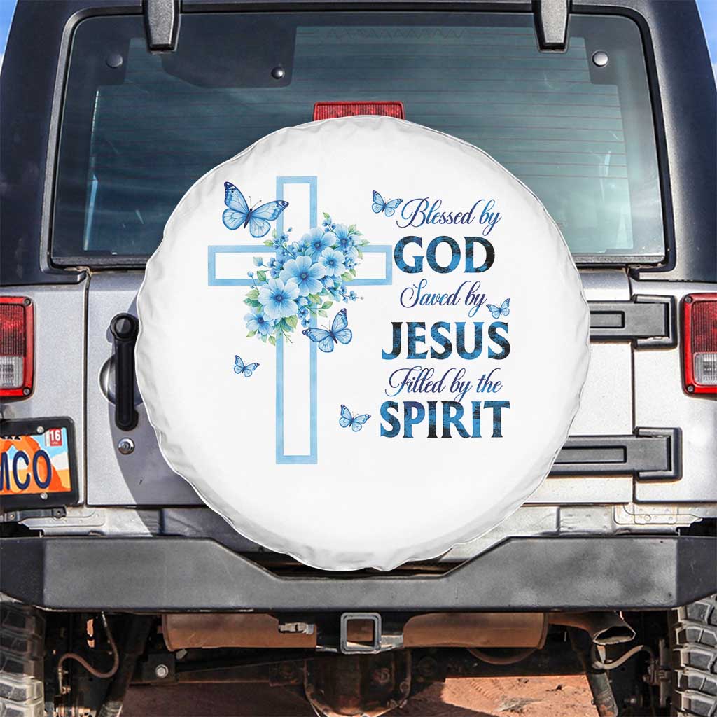 Christian Jesus Spare Tire Cover Blessed By God Saved By Jesus Blue Floral Cross Butterfly Art